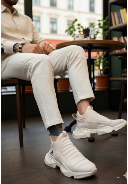 BA0401 Bağcıksız Rahat Yüksek Taban Krem Erkek Spor Yarım Bilek Bot