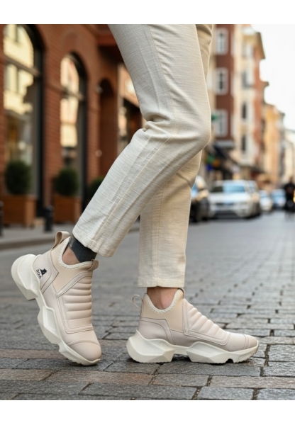 BA0401 Bağcıksız Rahat Yüksek Taban Krem Erkek Spor Yarım Bilek Bot