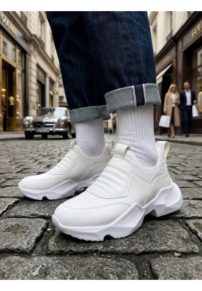 BA0402 Bağcıksız Rahat Yüksek Taban Beyaz Erkek Spor Yarım Bilek Bot