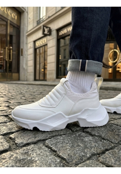 BA0402 Bağcıksız Rahat Yüksek Taban Beyaz Erkek Spor Yarım Bilek Bot