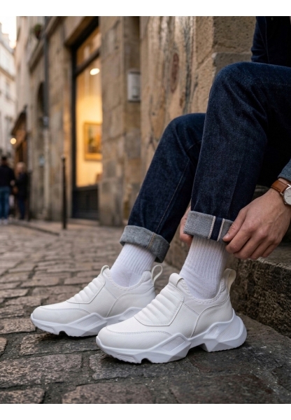 BA0402 Bağcıksız Rahat Yüksek Taban Beyaz Erkek Spor Yarım Bilek Bot