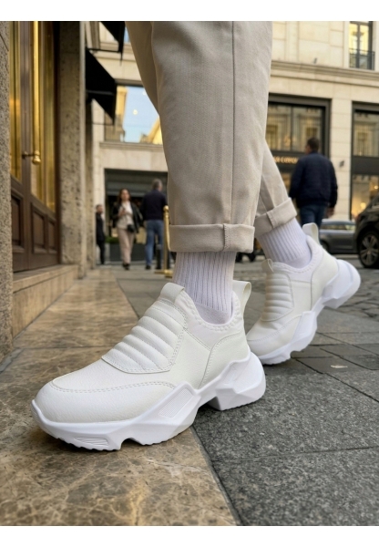 BA0402 Bağcıksız Rahat Yüksek Taban Beyaz Erkek Spor Yarım Bilek Bot