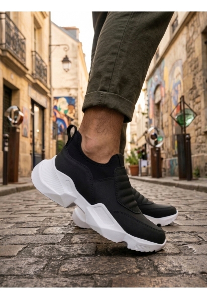 BA0402 Bağcıksız Rahat Yüksek Taban Siyah Erkek Spor Yarım Bilek Bot