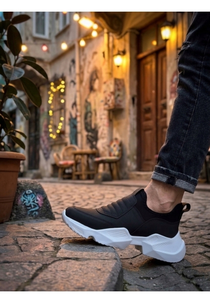 BA0402 Bağcıksız Rahat Yüksek Taban Siyah Erkek Spor Yarım Bilek Bot