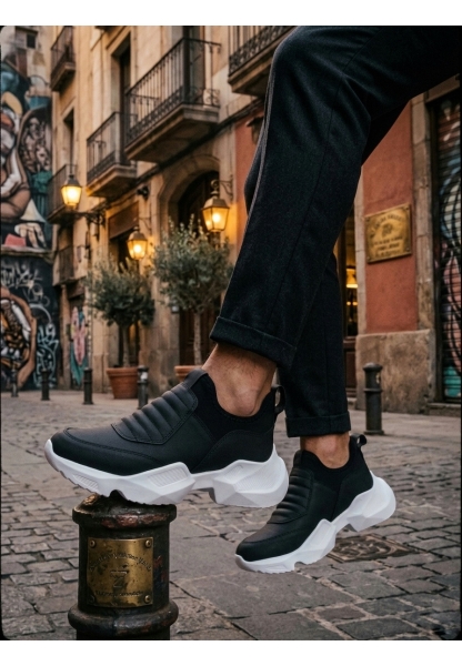 BA0402 Bağcıksız Rahat Yüksek Taban Siyah Erkek Spor Yarım Bilek Bot