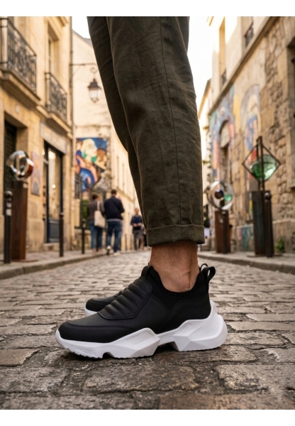 BA0402 Bağcıksız Rahat Yüksek Taban Siyah Erkek Spor Yarım Bilek Bot