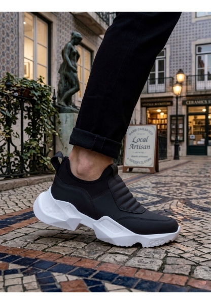 BA0402 Bağcıksız Rahat Yüksek Taban Siyah Erkek Spor Yarım Bilek Bot