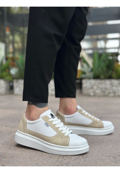 BA0423 BOA Kalın Yüksek Taban Beyaz Krem Bağcıklı Spor Erkek Ayakkabı