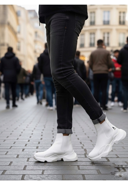BA0444 Bağcıksız Rahat Yüksek Taban Beyaz Erkek Spor Yarım Bilek Bot
