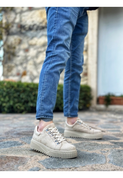 BA0505 Çengel Bağcıklı Krem Renk Yüksek Tabanlı Günlük Ayakkabı