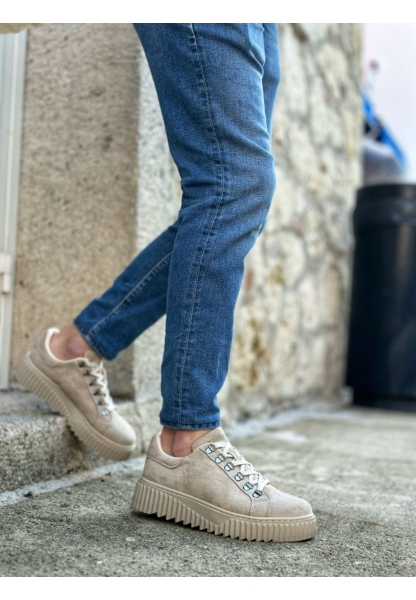 BA0505 Çengel Bağcıklı Krem Renk Yüksek Tabanlı Günlük Ayakkabı