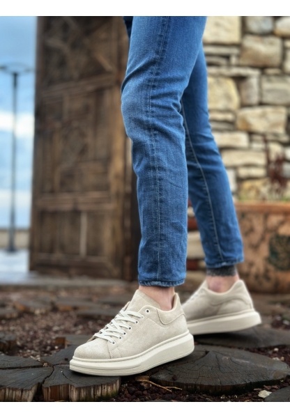 BA0547 BOA Kalın Yüksek Krem Taban Krem Süet Bağcıklı Spor Erkek Ayakkabı