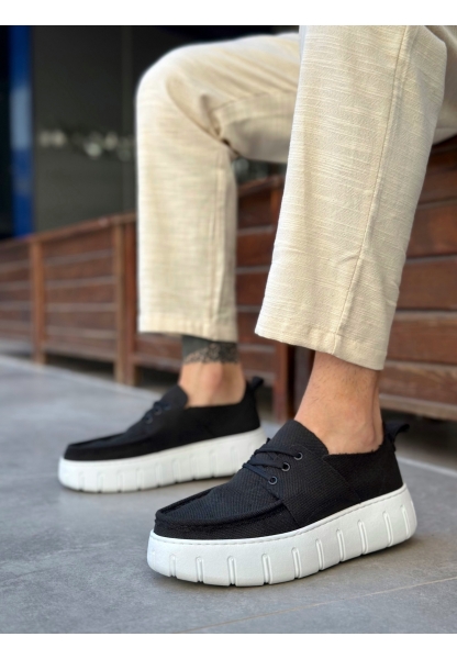 BA0676 BOA Siyah Keten Yüksek Beyaz Taban Erkek Yazlık Ayakkabı
