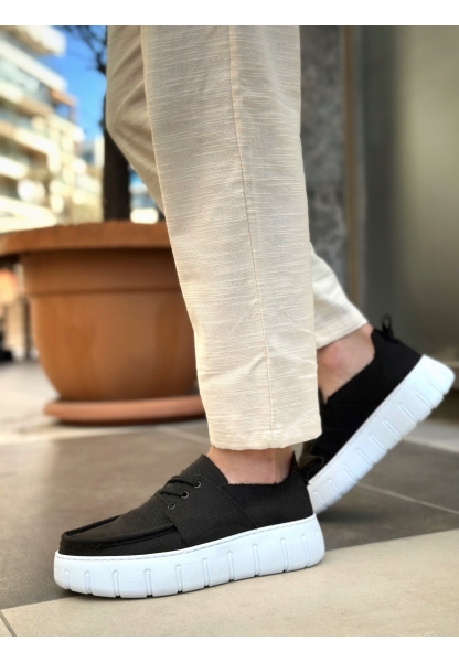BA0676 BOA Siyah Keten Yüksek Beyaz Taban Erkek Yazlık Ayakkabı