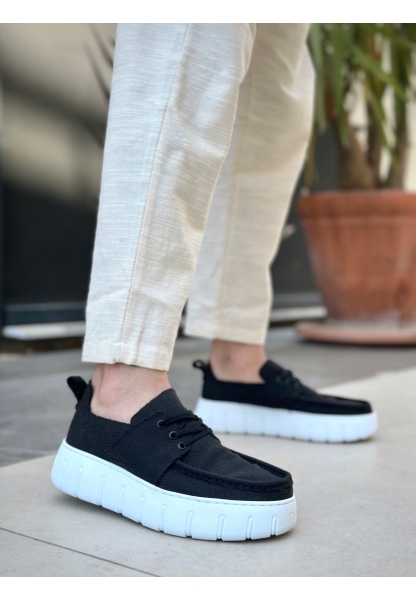 BA0676 BOA Siyah Keten Yüksek Beyaz Taban Erkek Yazlık Ayakkabı