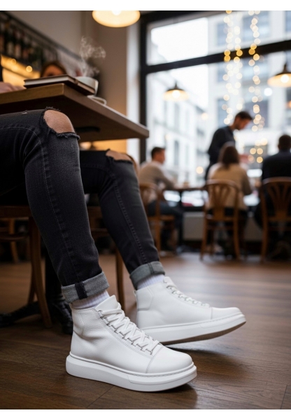 BA0713 Bağcıklı Beyaz Yüksek Taban Erkek Tarz Spor Bot
