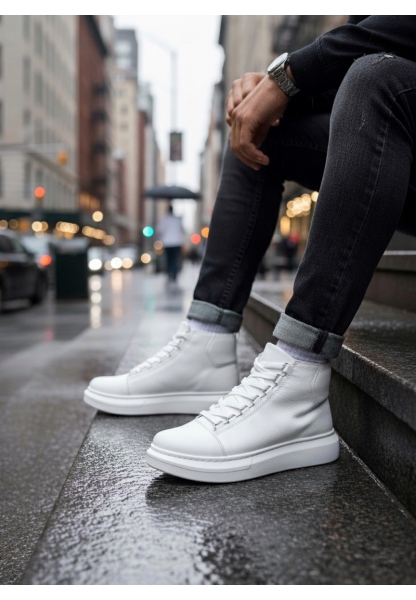 BA0713 Bağcıklı Beyaz Yüksek Taban Erkek Tarz Spor Bot