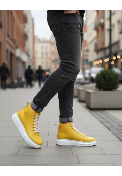 BA0713 Bağcıklı Sarı Yüksek Taban Erkek Tarz Spor Bot