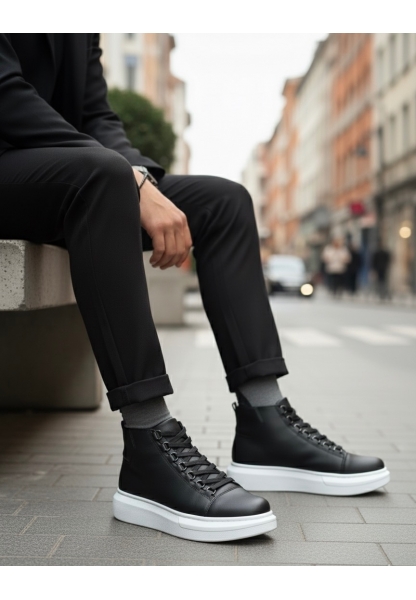 BA0713 Bağcıklı Yüksek Siyah Beyaz Taban Erkek Tarz Spor Bot