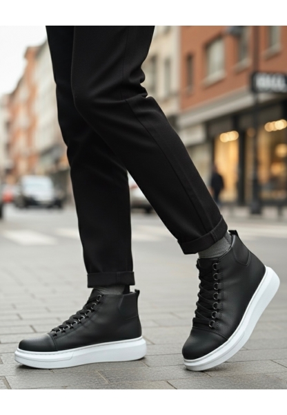 BA0713 Bağcıklı Yüksek Siyah Beyaz Taban Erkek Tarz Spor Bot