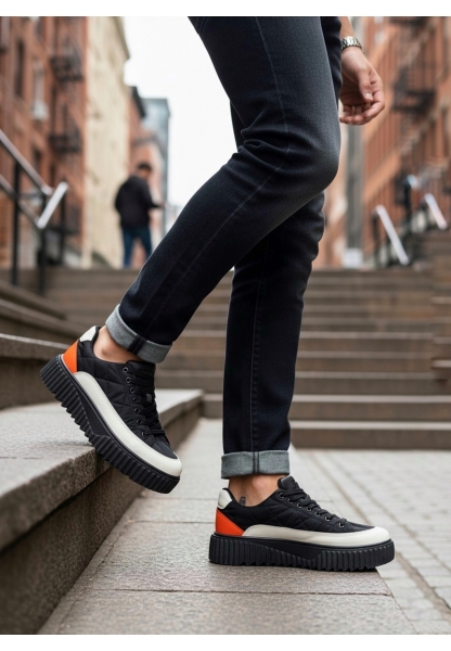 BA0801 BOA Yüksek Taban Siyah Paraşüt Kumaş Turuncu Cilt Detaylı Erkek Ayakkabı