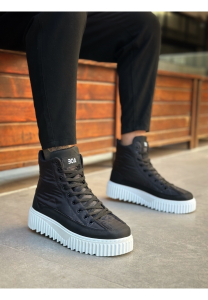 BA0811 BOA Yüksek Beyaz Taban Siyah Paraşüt Kumaş Cilt Detaylı Yarım Bilek Spor Bot 