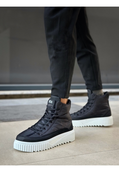 BA0811 BOA Yüksek Beyaz Taban Siyah Paraşüt Kumaş Cilt Detaylı Yarım Bilek Spor Bot 