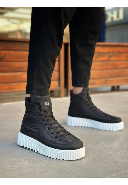 BA0811 BOA Yüksek Beyaz Taban Siyah Paraşüt Kumaş Cilt Detaylı Yarım Bilek Spor Bot 