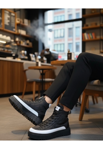 BA0811 BOA Yüksek Taban Siyah Paraşüt Kumaş Beyaz Cilt Detaylı Yarım Bilek Spor Bot 