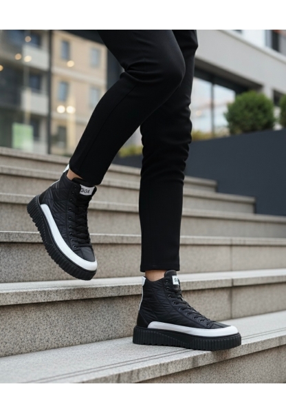 BA0811 BOA Yüksek Taban Siyah Paraşüt Kumaş Beyaz Cilt Detaylı Yarım Bilek Spor Bot 