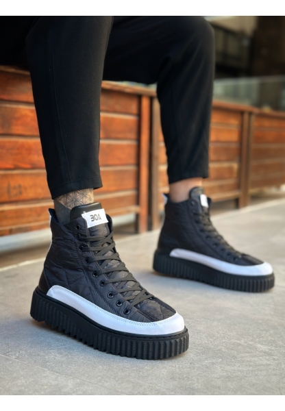 BA0811 BOA Yüksek Taban Siyah Paraşüt Kumaş Beyaz Cilt Detaylı Yarım Bilek Spor Bot 