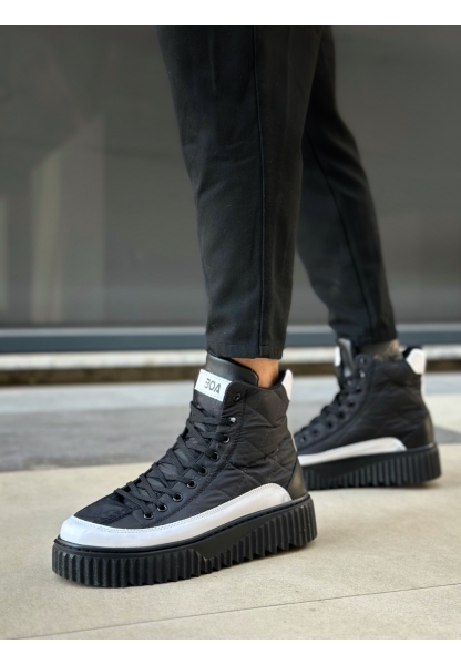 BA0811 BOA Yüksek Taban Siyah Paraşüt Kumaş Beyaz Cilt Detaylı Yarım Bilek Spor Bot 