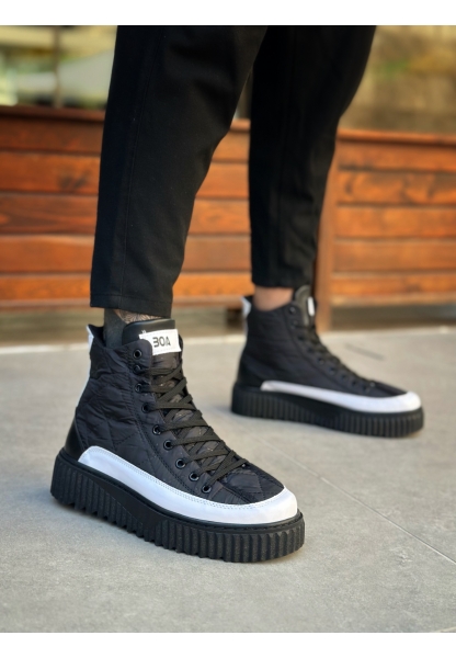 BA0811 BOA Yüksek Taban Siyah Paraşüt Kumaş Beyaz Cilt Detaylı Yarım Bilek Spor Bot 