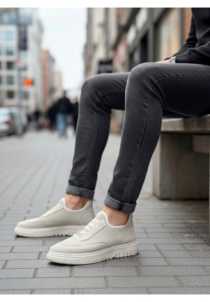 BA0911 Özel Örme Triko Deri Tozu Detaylı Bej Günlük Spor Ayakkabı 