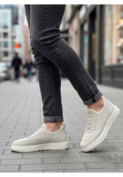 BA0911 Özel Örme Triko Deri Tozu Detaylı Bej Günlük Spor Ayakkabı 