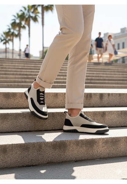 BA0911 Özel Örme Triko Deri Tozu Detaylı Bej Siyah Günlük Spor Ayakkabı 