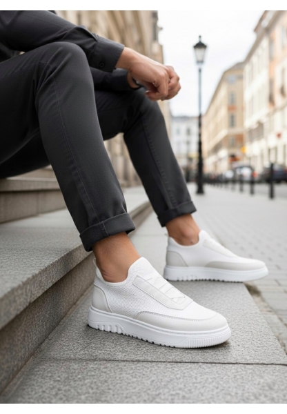 BA0911 Özel Örme Triko Deri Tozu Detaylı Beyaz Günlük Spor Ayakkabı 