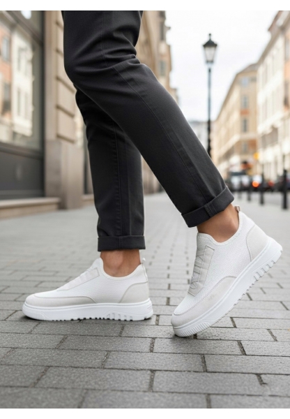BA0911 Özel Örme Triko Deri Tozu Detaylı Beyaz Günlük Spor Ayakkabı 