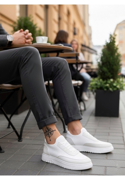 BA0911 Özel Örme Triko Deri Tozu Detaylı Beyaz Günlük Spor Ayakkabı 