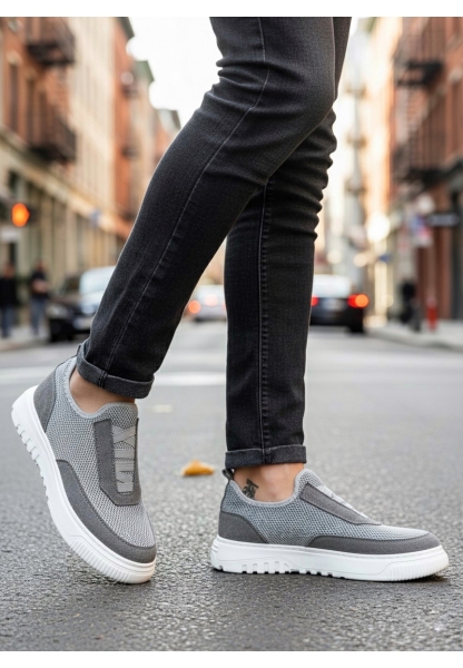 BA0911 Özel Örme Triko Deri Tozu Detaylı Gri Günlük Spor Ayakkabı 