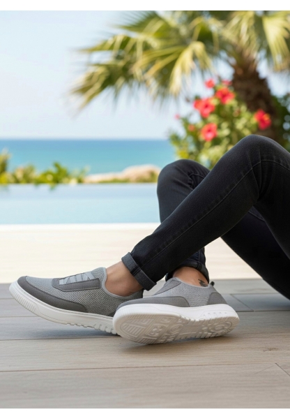 BA0911 Özel Örme Triko Deri Tozu Detaylı Gri Günlük Spor Ayakkabı 