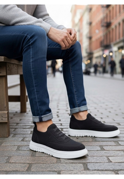 BA0911 Özel Örme Triko Deri Tozu Detaylı Siyah Günlük Spor Ayakkabı 
