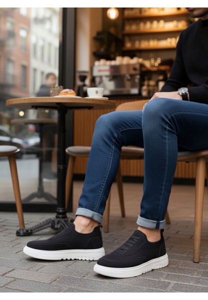 BA0911 Özel Örme Triko Deri Tozu Detaylı Siyah Günlük Spor Ayakkabı 