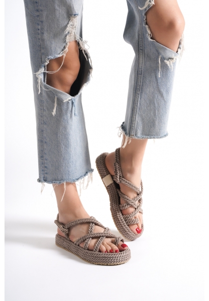 Bodrum Platform Kadın Halat Sandalet-Vizon