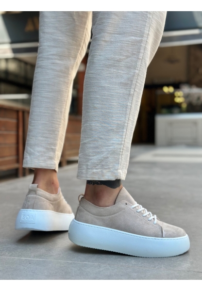 LE11 Bağcıklı Erkek Yüksek Taban İthal Süet Krem Spor Ayakkabı