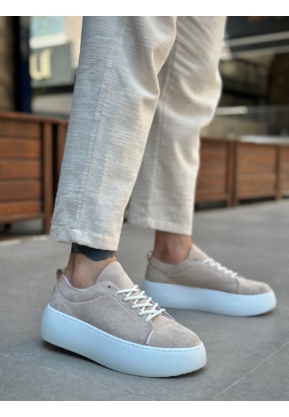 LE11 Bağcıklı Erkek Yüksek Taban İthal Süet Krem Spor Ayakkabı