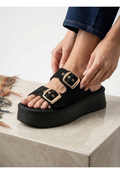 Yazlık Kadın Siyah Platform Taban Tokalı Terlik